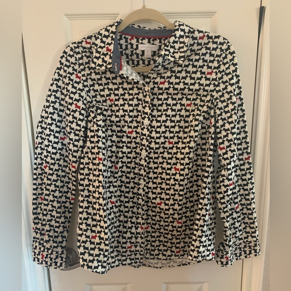 Charter Club Black White Red Scottie Dog Print Button Front Top